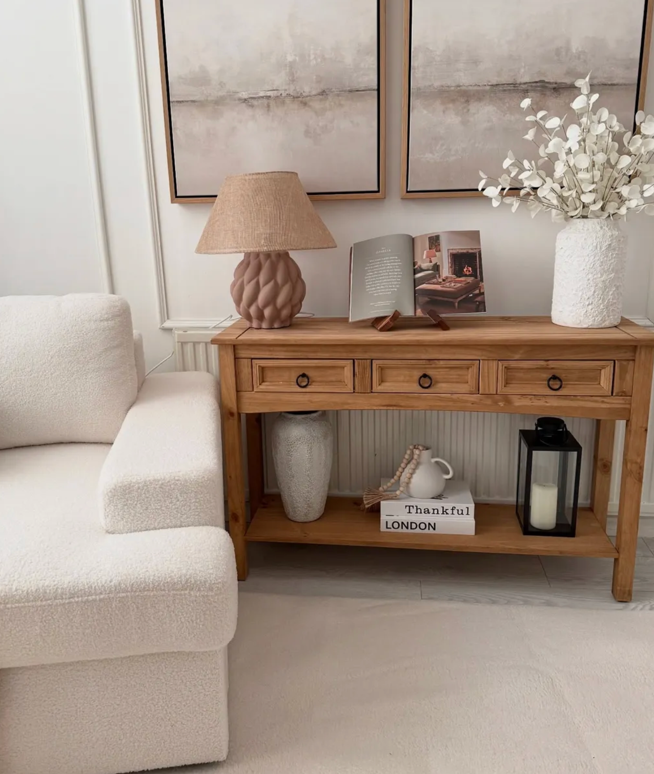 Rustic Wooden Pine Wood Hallway Console Table With 3 Storage Drawers