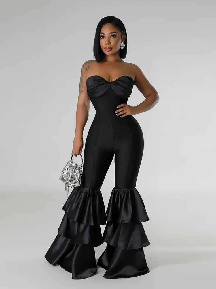 Jumpsuits Strapless Women Sleeveless Sexy Rompers One Piece Overalls Slim Fit Long Pant Ruffles Patchwork Elegant Lady