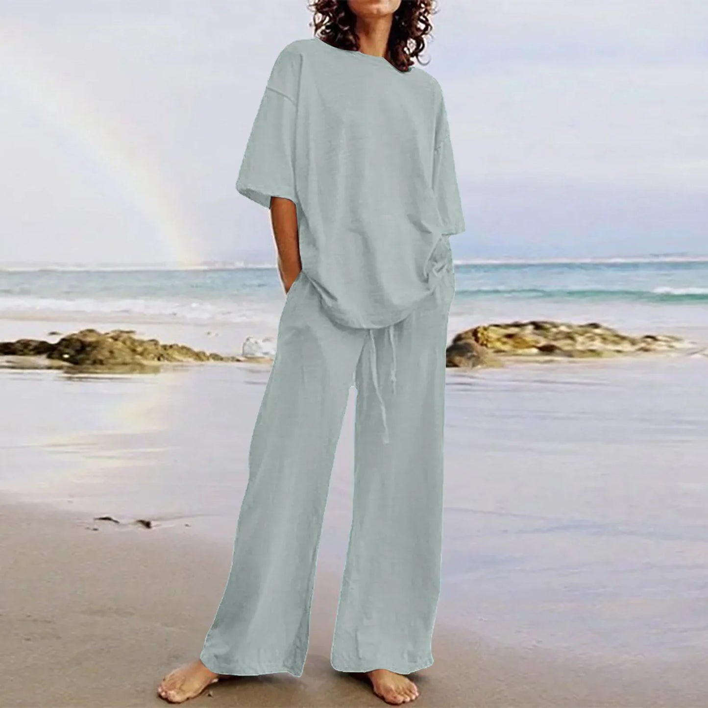 Fashion Women's 2-piece Set 2024 Summer Casual Loose Lace Up Pocket Set Half Sleeve O-Neck Top And Wide Leg Pants Set Outfits