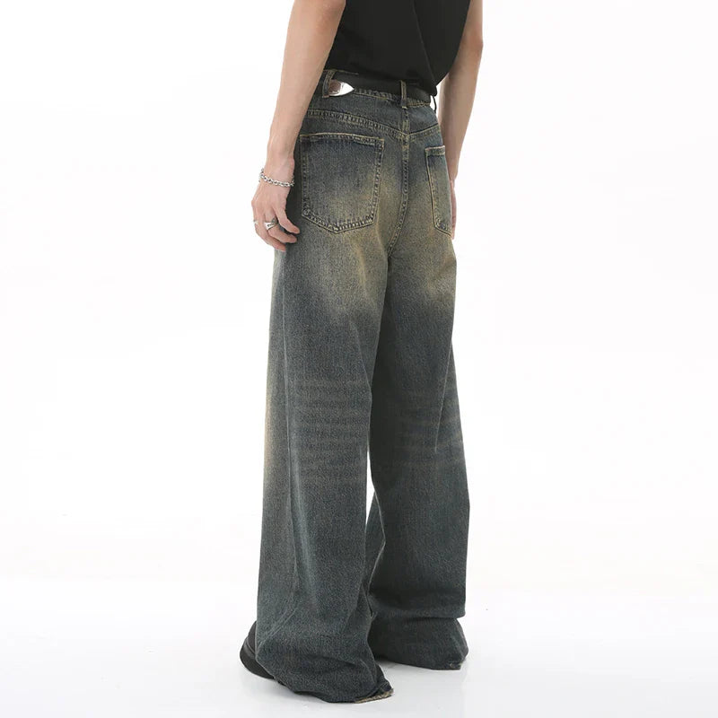 Men's Denim Pants Old Blue Washed Male Jeans Straight  Loose Wide Leg