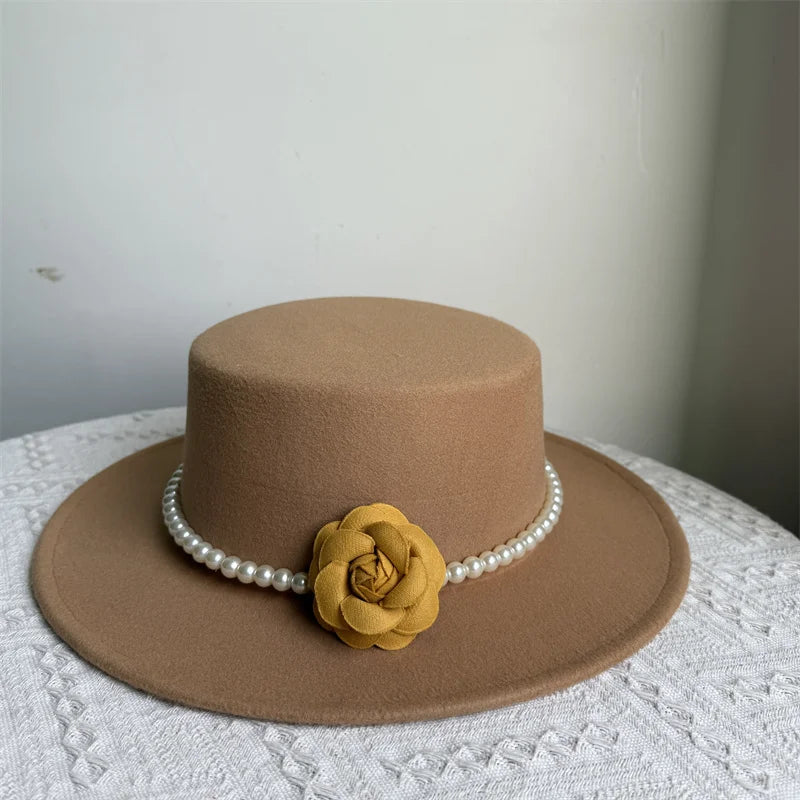 Women's Fashionable Fedora Hat 10CM Wide Brim Flat Top Felt Hats For Wedding And Jazz