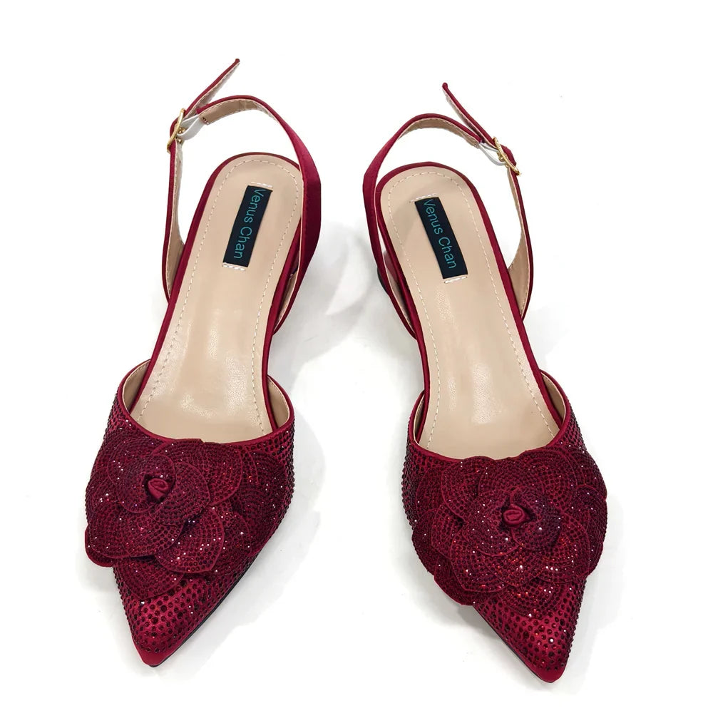 Women's Pointed-Toe Large Flower Decoration Rhinestone Low Heel Italian Shoes and Bags Set