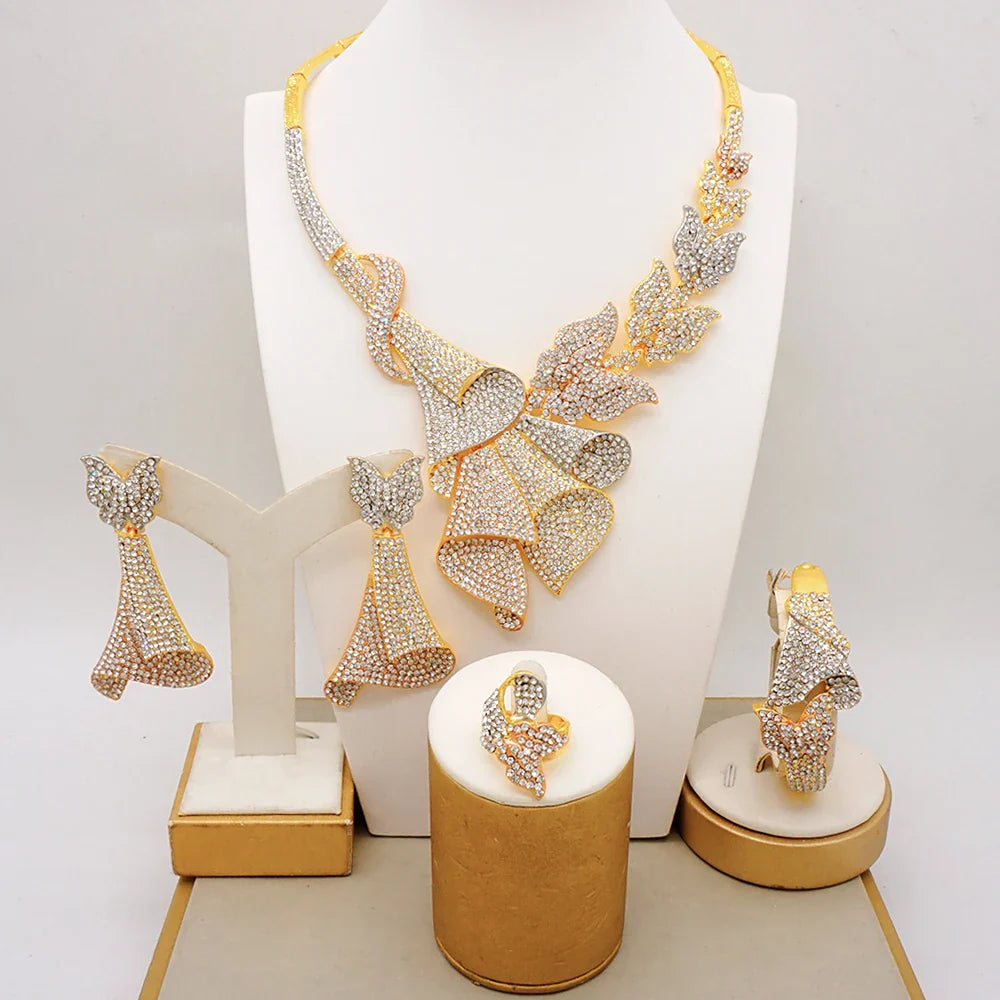 Latest Italian Dubai Gold Color Ladies Full Crystal Necklace Jewelry Set Simple Ring Bracelet Earrings African Jewelry Wedding