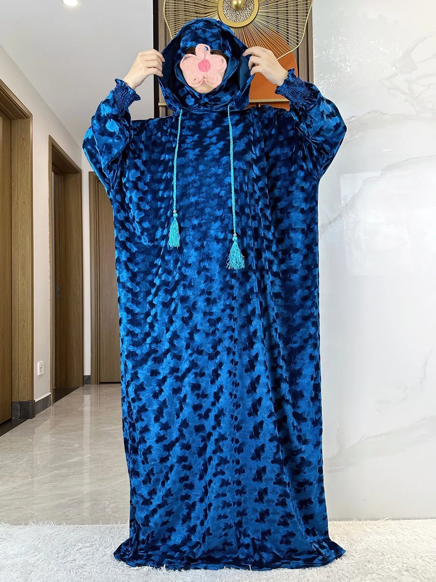 High Quality Velvet Fabric 2025 Ramadan Muslim Lady's Abaya Two-Hats Dubai Turkey Style Islamic Prayer Clothing Kaftan Dress