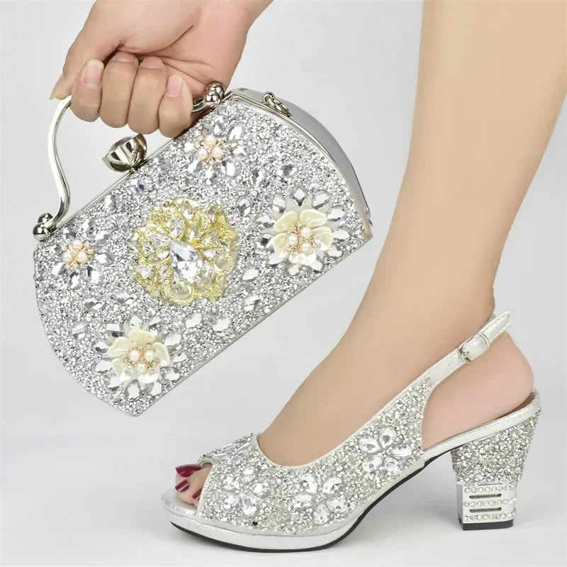 Italian Shoes and Bags Matching Set with Rhinestone Plus Size Shoes Luxury Italian Shoe and Bag Set 2025 Wedding Shoes Bride