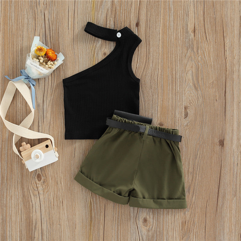 1-5 Years Infant Girl Casual Set Tanks Tops + Shorts + Waist Bag Pockets Decoration Casual Style Girls Summer Clothing Set
