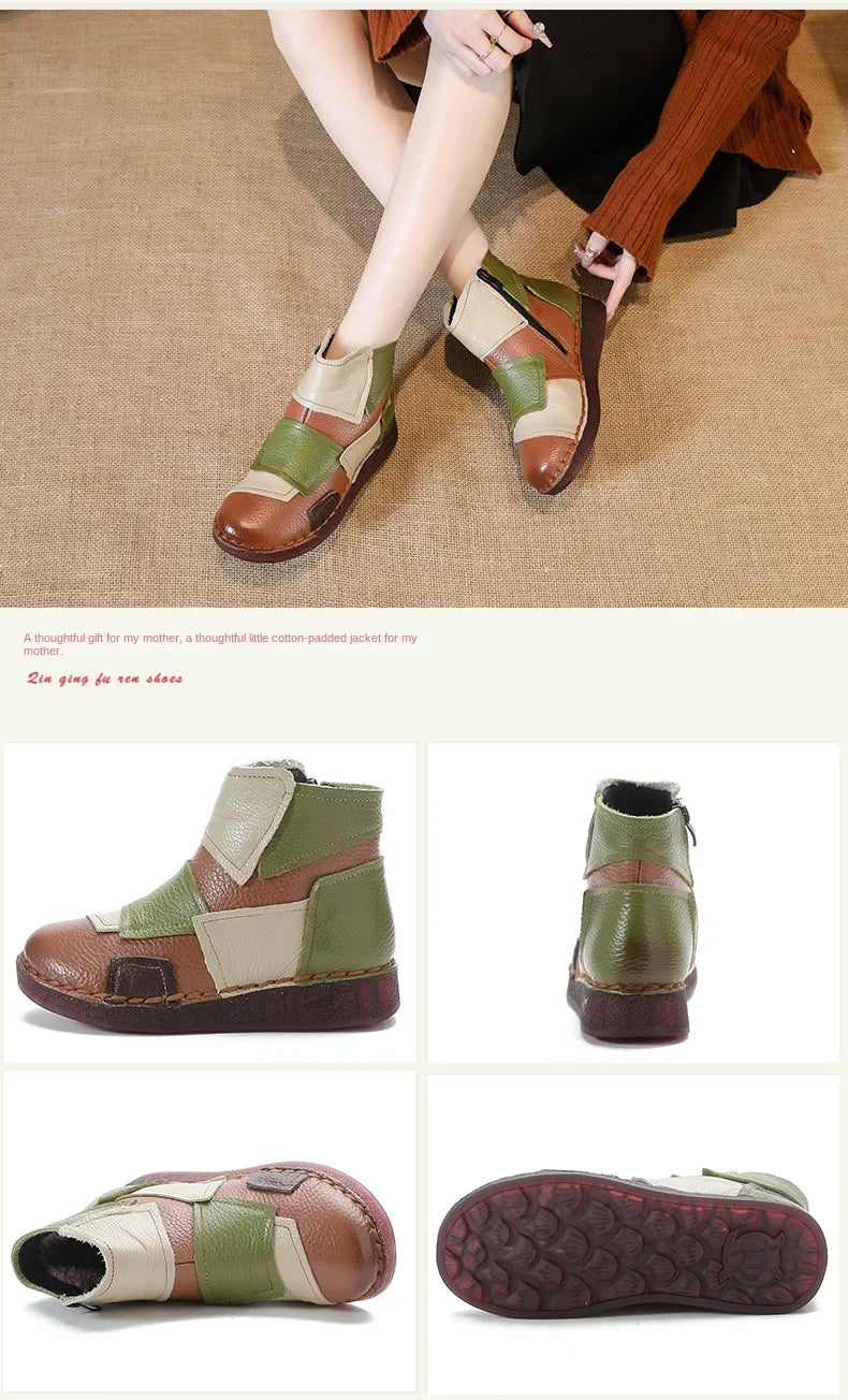 Winter Genuine Leather Flat-soled women shoes Casual shoes women Boots Color Matching Short Boots Warm Comfortable Cotton Shoes