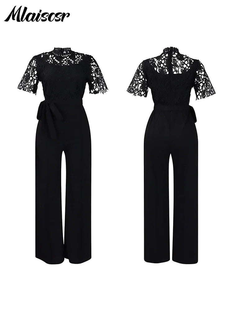 Mlaiscsr Elegant White Jumpsuits with Sashes Club Outfit for Women Lace Patchwork Short Sleeve Birthday Party One Piece Rompers