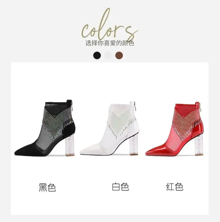 Rubber Soled Dance Boots Women 2025 Spring Pointy Rhine-diamond Tassel High Heel Mesh Latin Jazz Modern Dance Shoes Stage Show