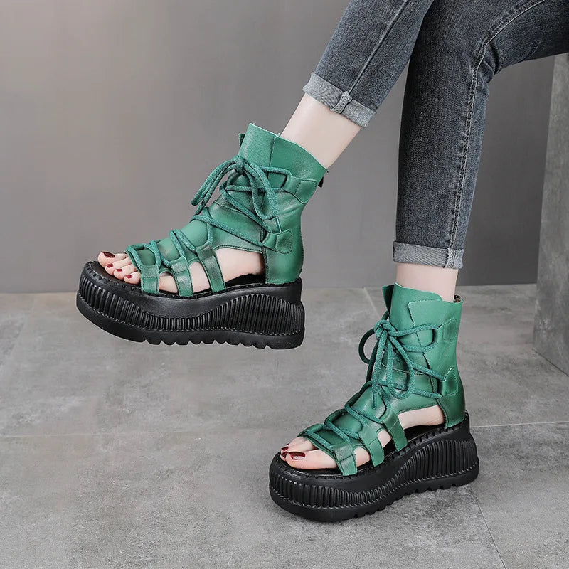 Koznoy 8cm Ethnic Cow Genuine Leather Ankle Booties Women Hollow Peep Toe Platform Wedge Breathable Zip Summer Fashion Shoes