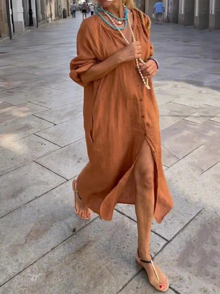 2024 Spring Cotton Linen Women's Long Buttons Shirt Dress V-neck White Dresses Female New Fashion Elegant Loose Ladies Clothes