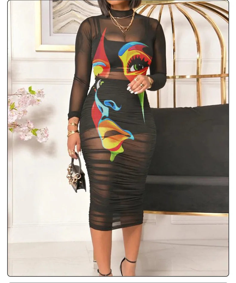 Fashion Flowers Printed Women's Sexy Mesh Gauze Mid Length Dress Three Piece Summer New Female Party Nightclub Mini Dresses 2023