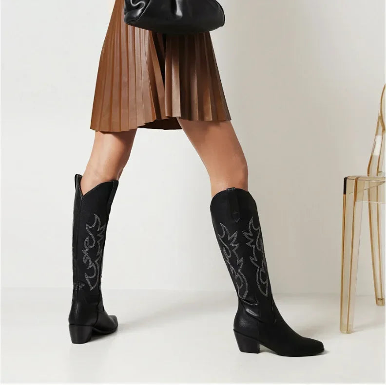 Pointed Toe Knight Boots for Women Brown PU Leather Knee High Boots Woman  Autumn Winter Western Cowboy Long Botas Mujer 2024