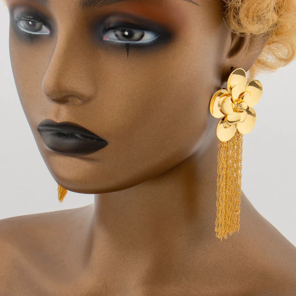Bohemia Bridal Wedding Tassels Earrings Flower Long African Dubai Gold Color Drop Earrings For Women Girls Birthday Party Gift