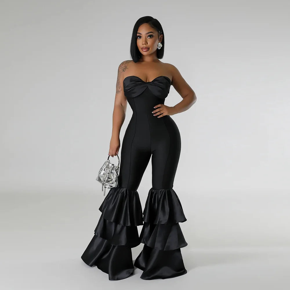 Jumpsuits Strapless Women Sleeveless Sexy Rompers One Piece Overalls Slim Fit Long Pant Ruffles Patchwork Elegant Lady