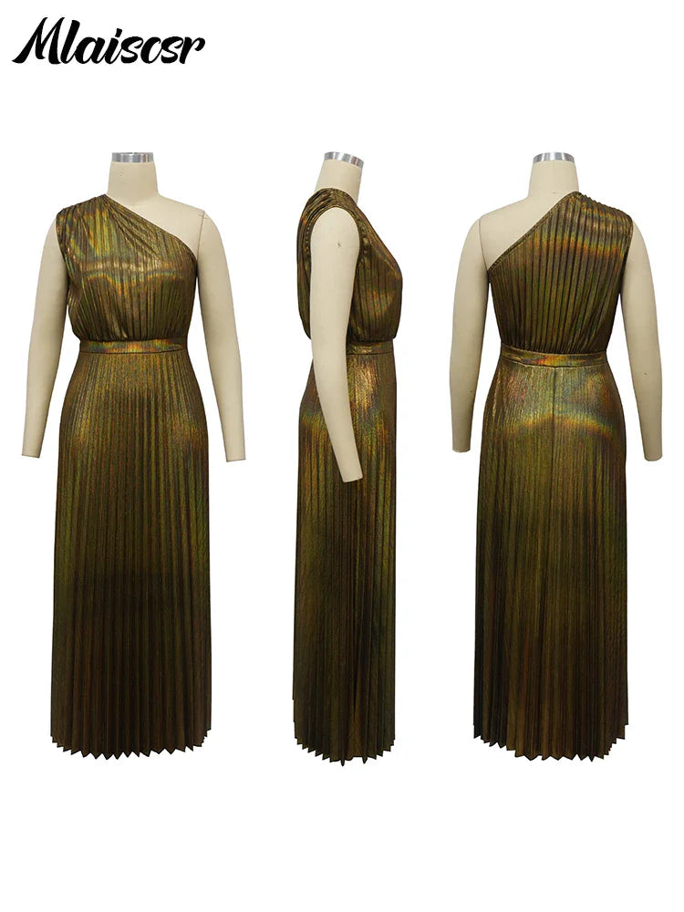 Women's Metallic Golden One Shoulder Sleeveless Pleated A-Line Long Dress Elegant Luxury Evening Gowns