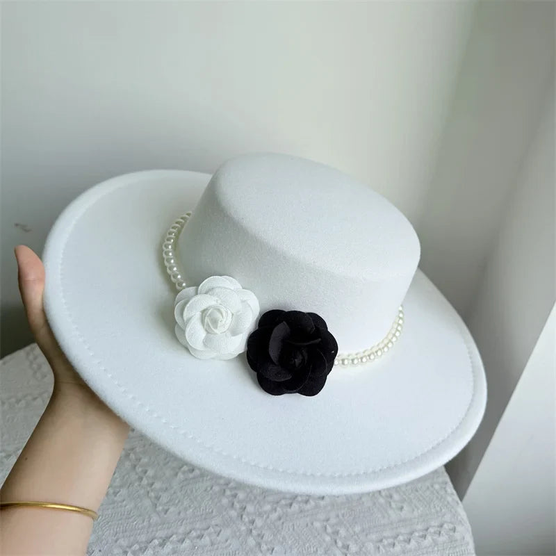 Women's Fashionable Fedora Hat 10CM Wide Brim Flat Top Felt Hats For Wedding And Jazz
