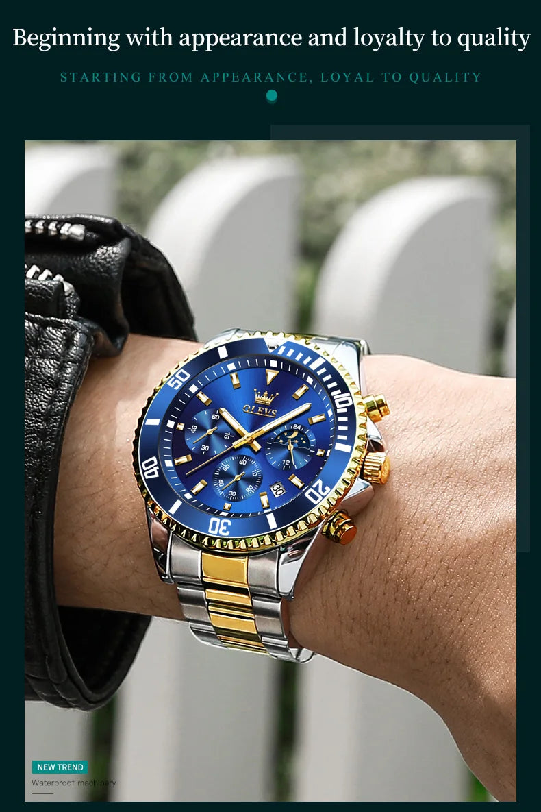 Men's Watches Top Brand Luxury Watch for Men Original Waterproof Stainless Steel Chronograph Moon Phase Date Rota Dial