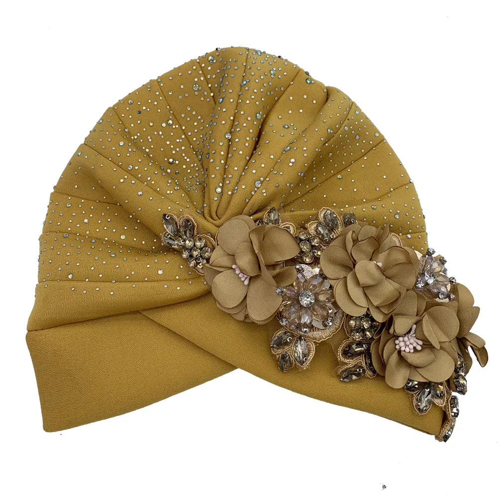 Elegant African Turban Cap with Shiny Rhinestone Ready to Wear Nigeria Auto Gele Headtie Party Women's Head Wrap Bonnet Turbante