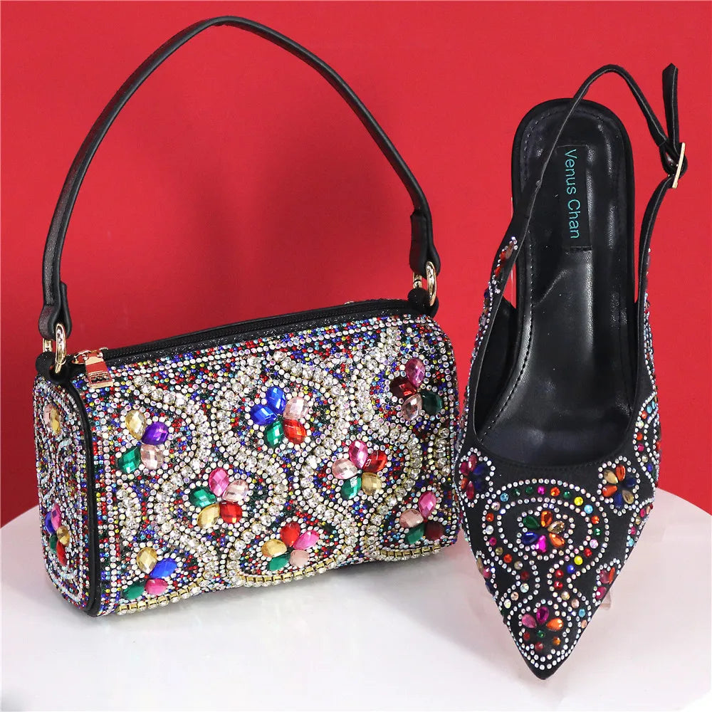 Elegant And Sexy Fuchsia Color High Heels Shoes And Bag With Rhinestone Embellished Toe Is Comfortable Women's Shoes For Party
