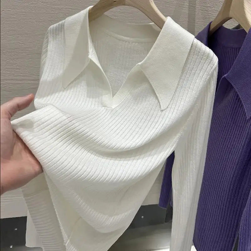 New 2025 Women's Turn-down Collar Long Sleeve Knitted Shirts Tops Solid Thin Sweater Female Elegant Knitwear Jumper Pullovers