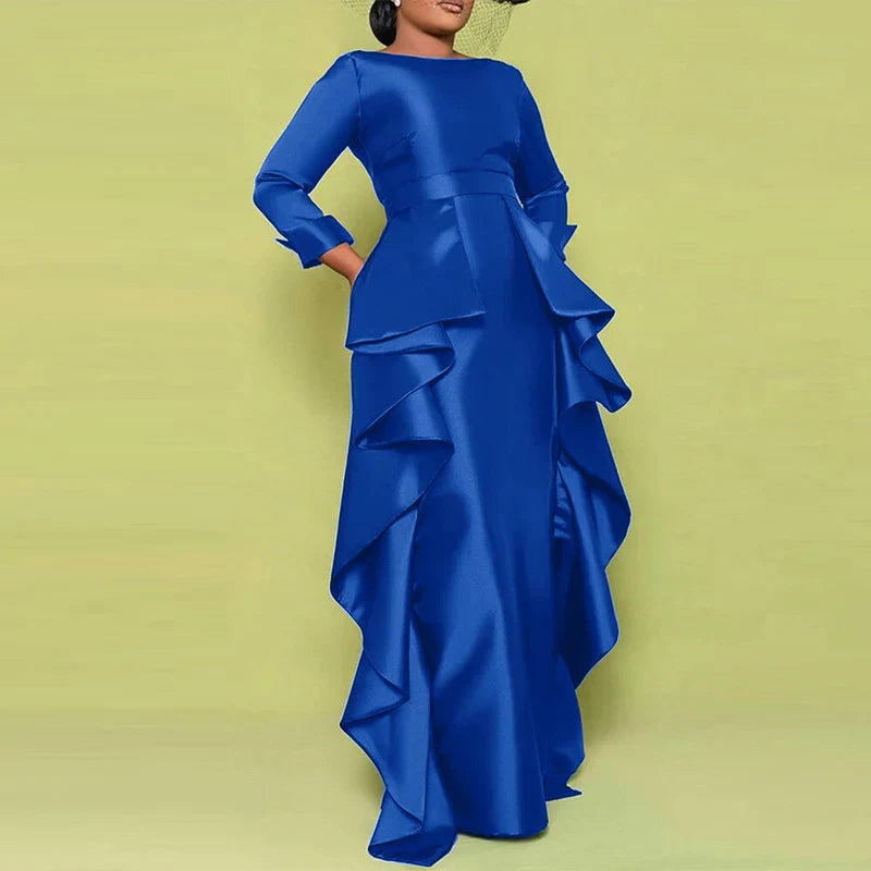 Plus Size 5XL Bohemian Maxi Long Dress 2025 VONDA Women Elegant Satin Dress Ruffle Sundress Casual Vestidos Solid Color Robe