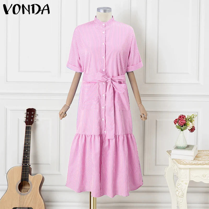 Elegant Striped Printing Short Sleeve Maxi Long Dress Casual Daily Shirt Dress 2025 VONDA Beach Party Sundress Bohemian Vestidos