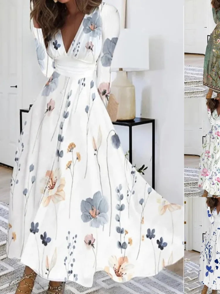 Autumn Floral Elegant Party Long Dress For Women Sexy Deep V Neck Long Sleeve Slim White Print Casual Maxi Dresses 2024 Spring