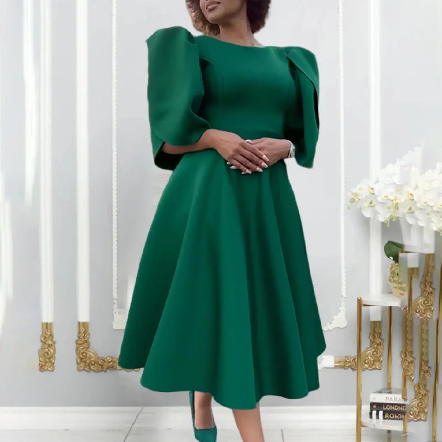 Elegant Dress Woman 2024 Wedding Party Round Neck Half Sleeve High Waisted Pleated Mid Calf Luxury Birthday Dinner Vestidos Robe