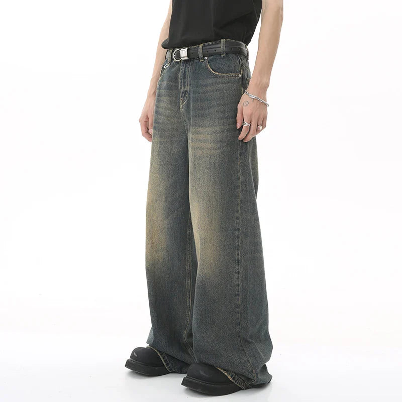 Men's Denim Pants Old Blue Washed Male Jeans Straight  Loose Wide Leg