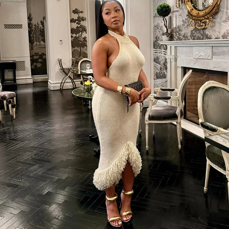 CM.YAYA Knitwear O-Neck Women Sleeveless Tassel Bodycon Long Dress 2025 Spring Sexy Night Club Birthday Party Evening Dresses
