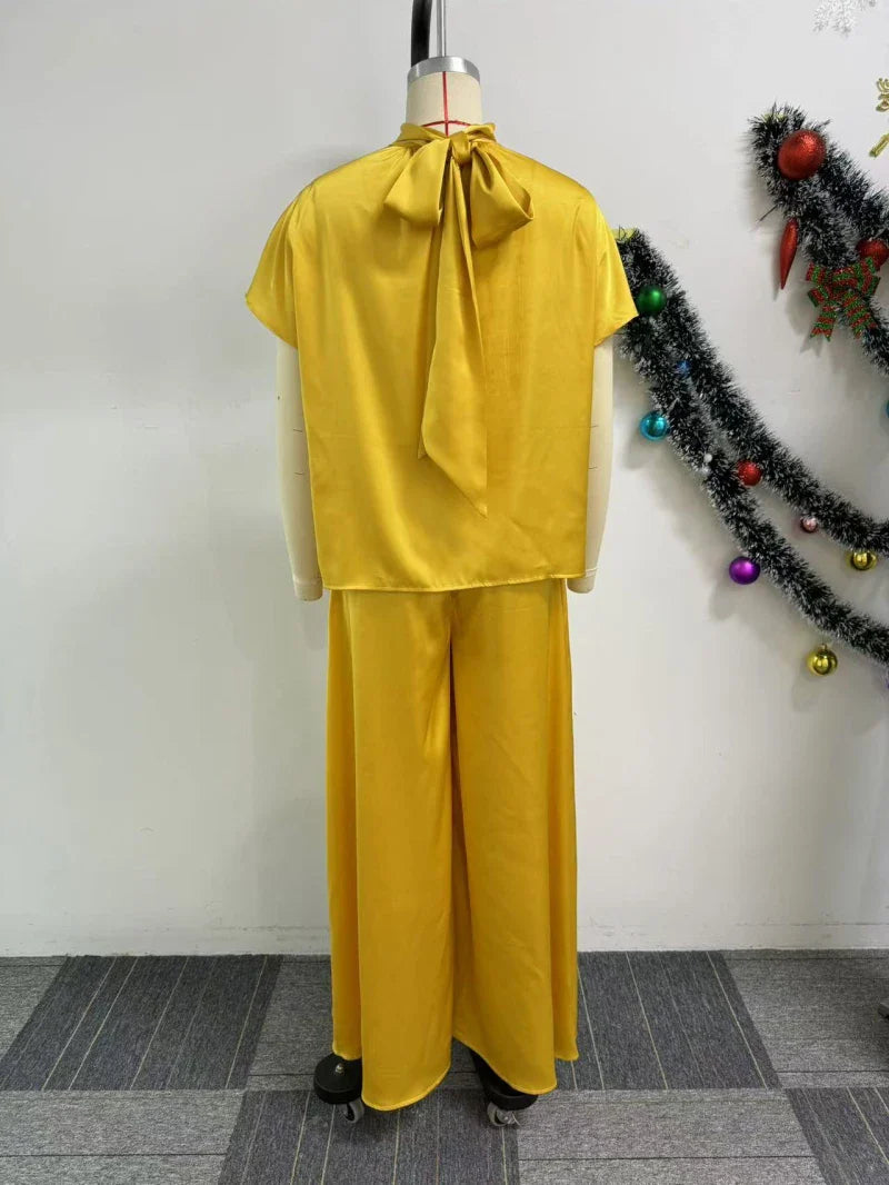 African Fashion 2024 New in Women Two 2 Piece Sets Outfit Soft Satin Lace Up Top and Wide Leg Pants Set Matching Set