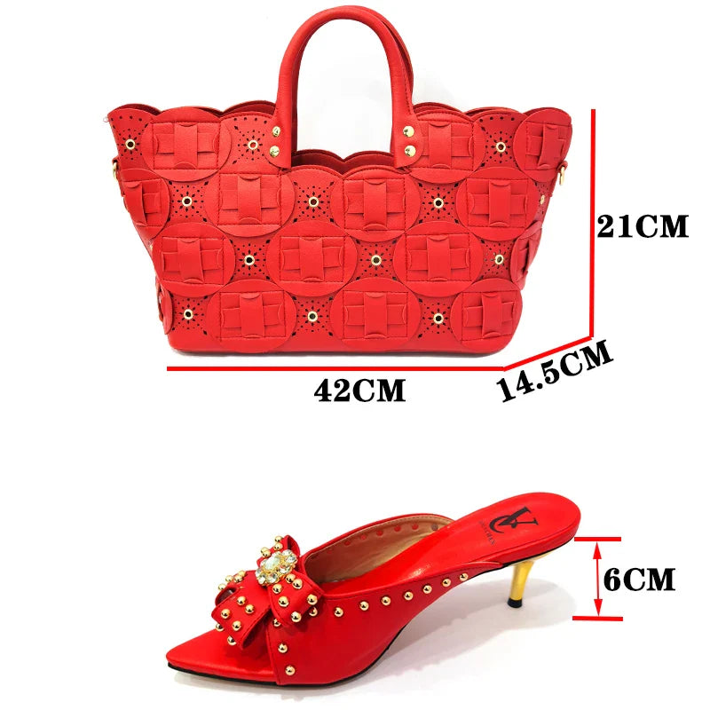 2022 Rivet Style  Women Shoes and Bag to Match in Color matching High Quality Nigerian Design Matching Shoes and Bag