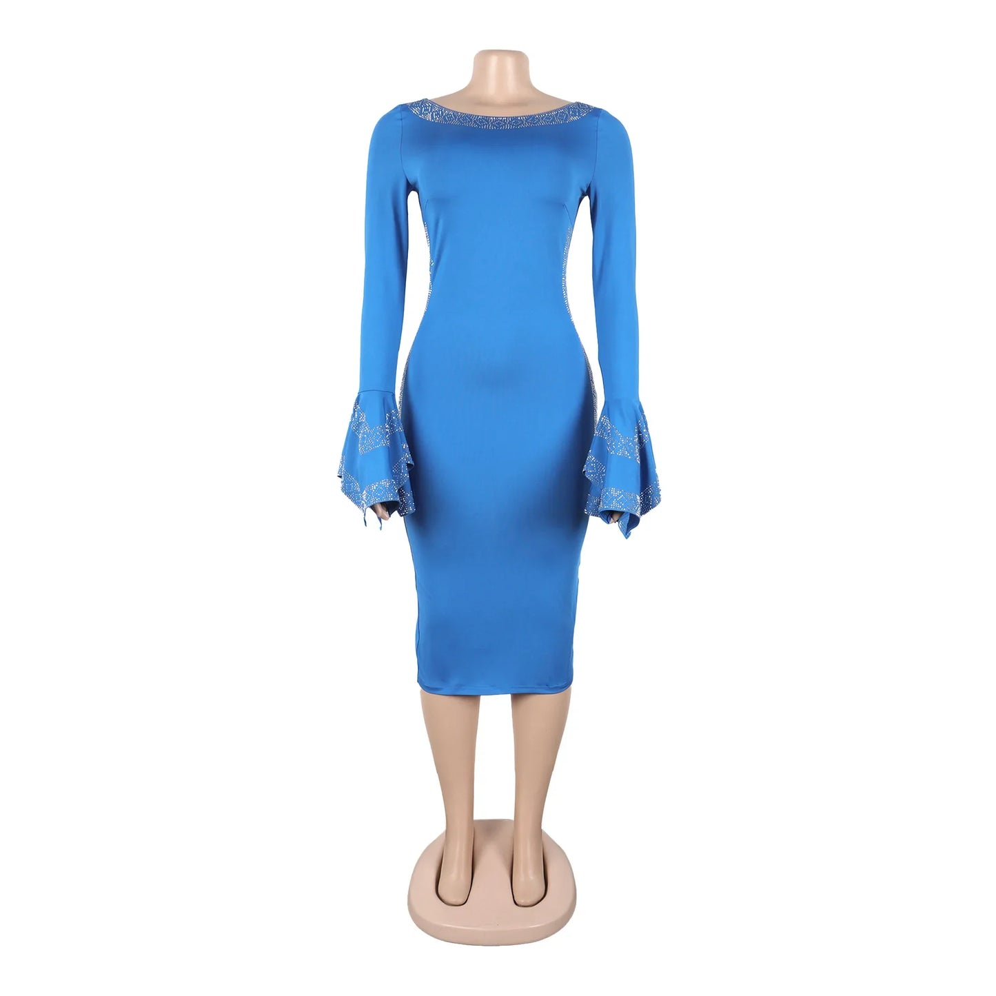 CM.YAYA Women O-neck Elegant Long Flare Sleeve Rhinestones Midi Dress 2025 OL Pencil Streetwear Africa Club Dresses Vestidos