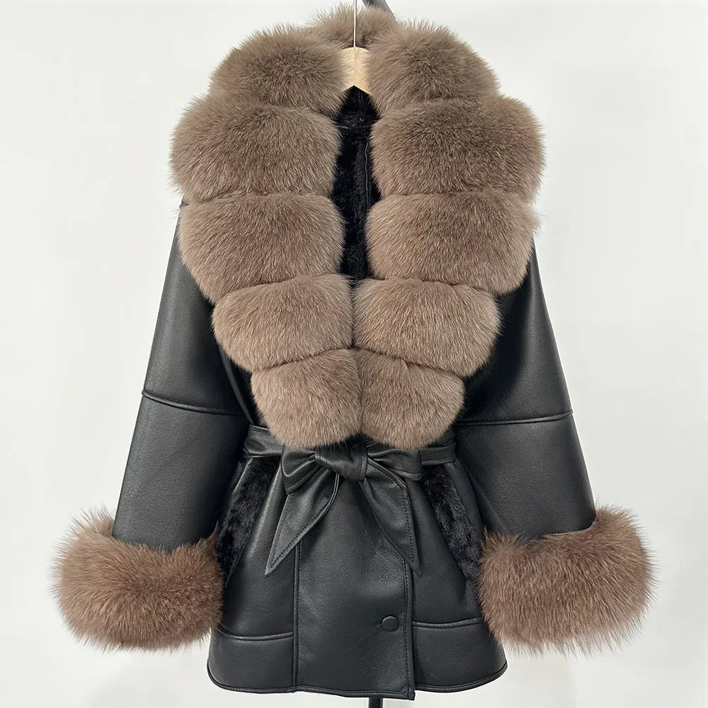 Women's Large Faux Fur Leather Jacket Warm Autumn Winter Outwear High Street Style Thick Warm Fur Turn-Down Collar Single Breasted