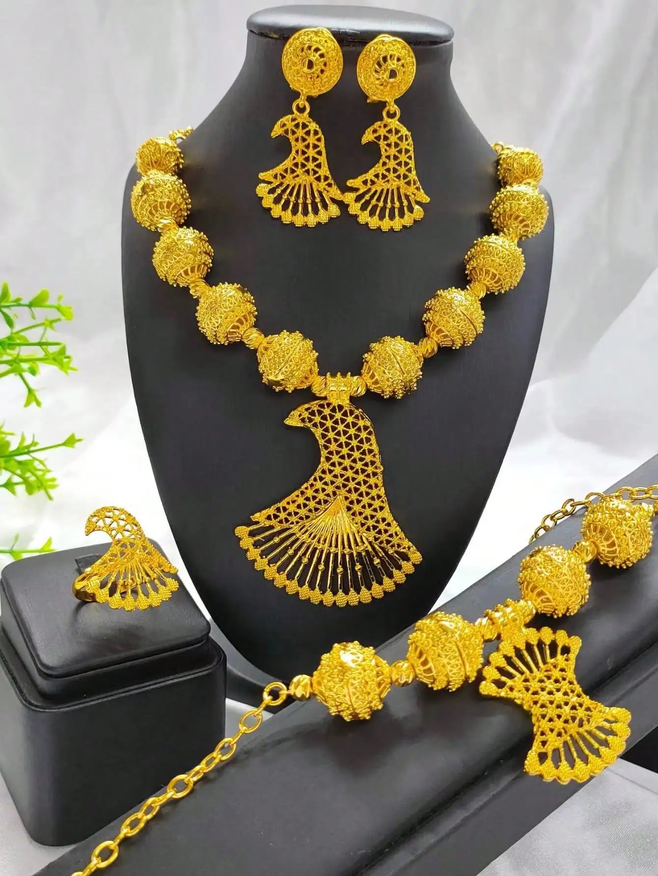 New Dubai African Bead Jewelry Set for Women Party Gifts Wedding Accessories 24K Gold Color Necklace Ring Bangle Earrings Sets
