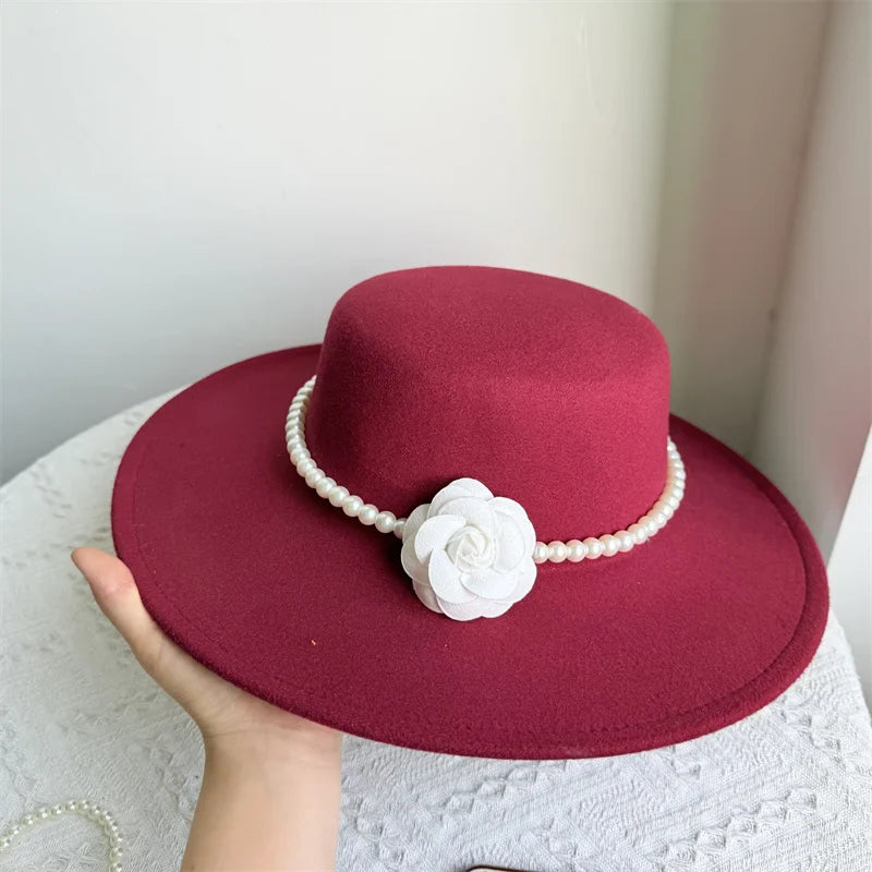 Women's Fashionable Fedora Hat 10CM Wide Brim Flat Top Felt Hats For Wedding And Jazz