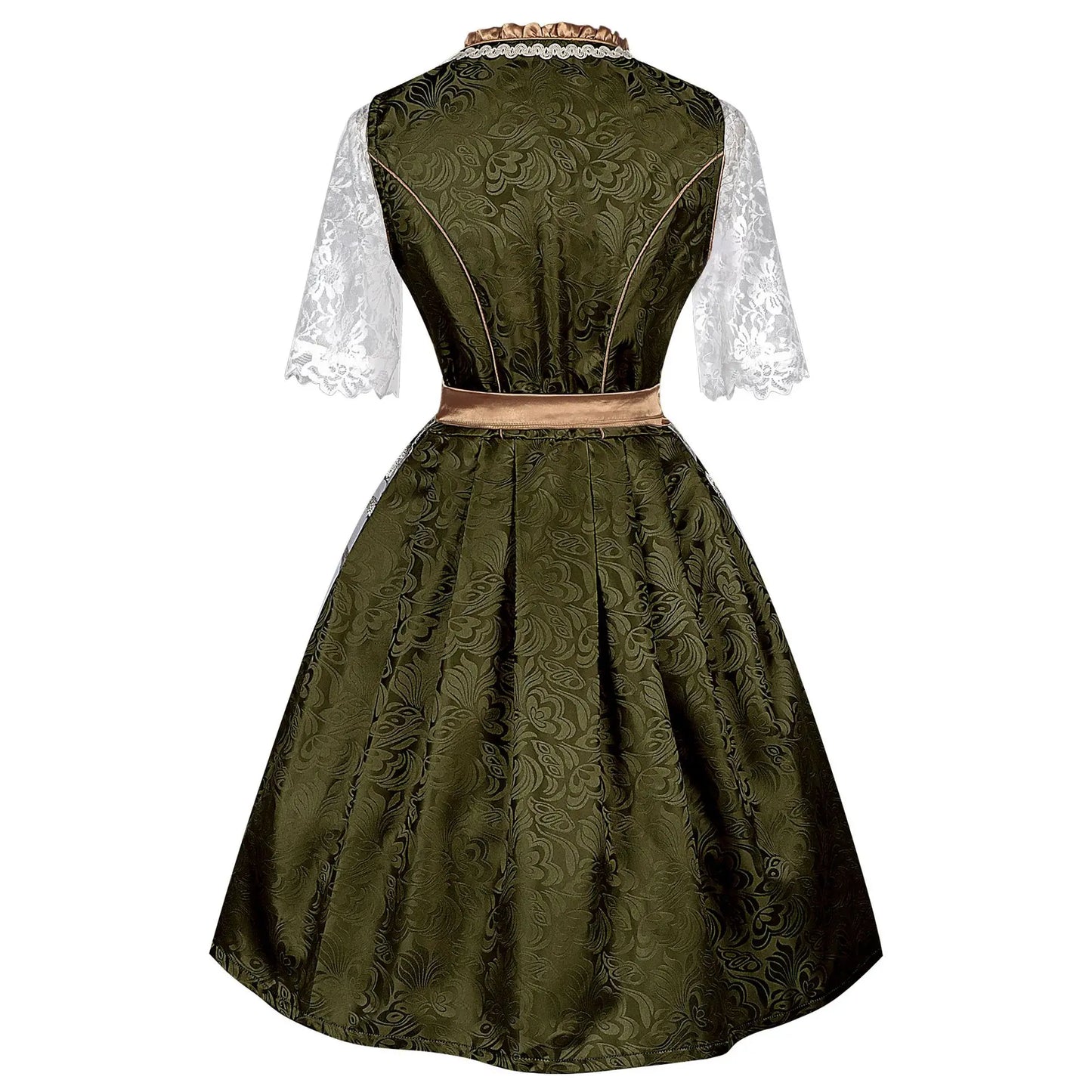 Women’s Green & Gold Dirndl Dress – Elegant Bavarian Oktoberfest Costume with Embroidered Tulle Apron