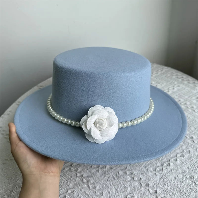 Women's Fashionable Fedora Hat 10CM Wide Brim Flat Top Felt Hats For Wedding And Jazz