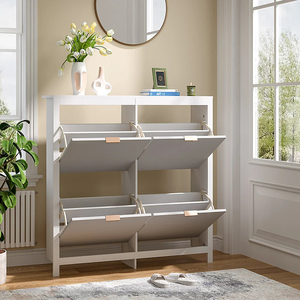 Livingandhome Flip Down Wood Shoe Cabinet in White for Hallway, Mudroom or Entryway