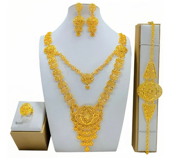 Fashion Dubai Flower Design Luxury 24k Gold Color Women's Jewelry Set African Fashion Bracelet Earrings Necklace Ring Four Piece