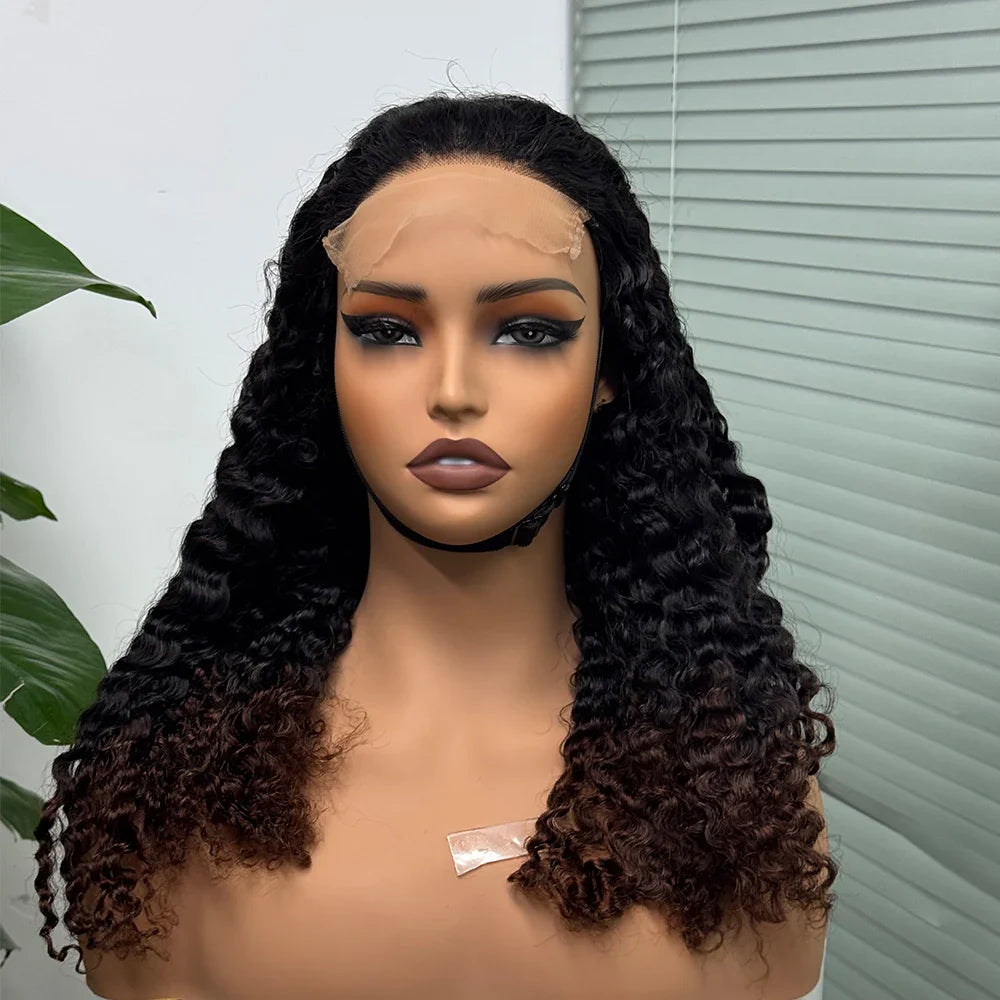 5x5 Lace 300% Density Burmese Deep Curly Hair Ombre Double Drawn Human Wig Transparent Lace Front