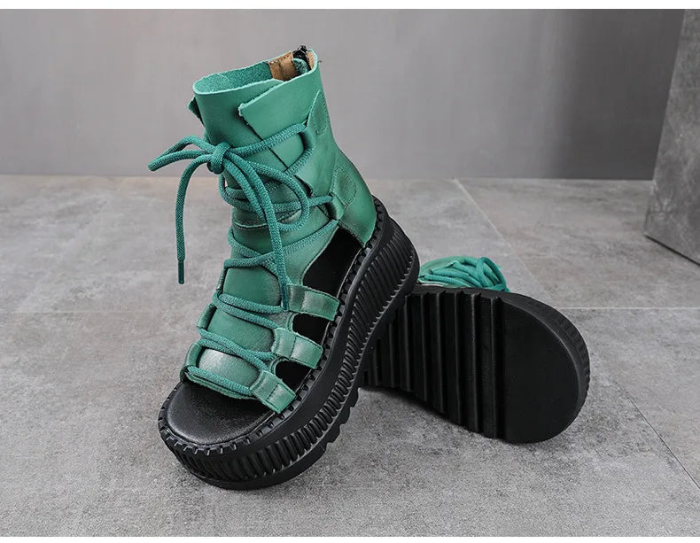 Koznoy 8cm Ethnic Cow Genuine Leather Ankle Booties Women Hollow Peep Toe Platform Wedge Breathable Zip Summer Fashion Shoes