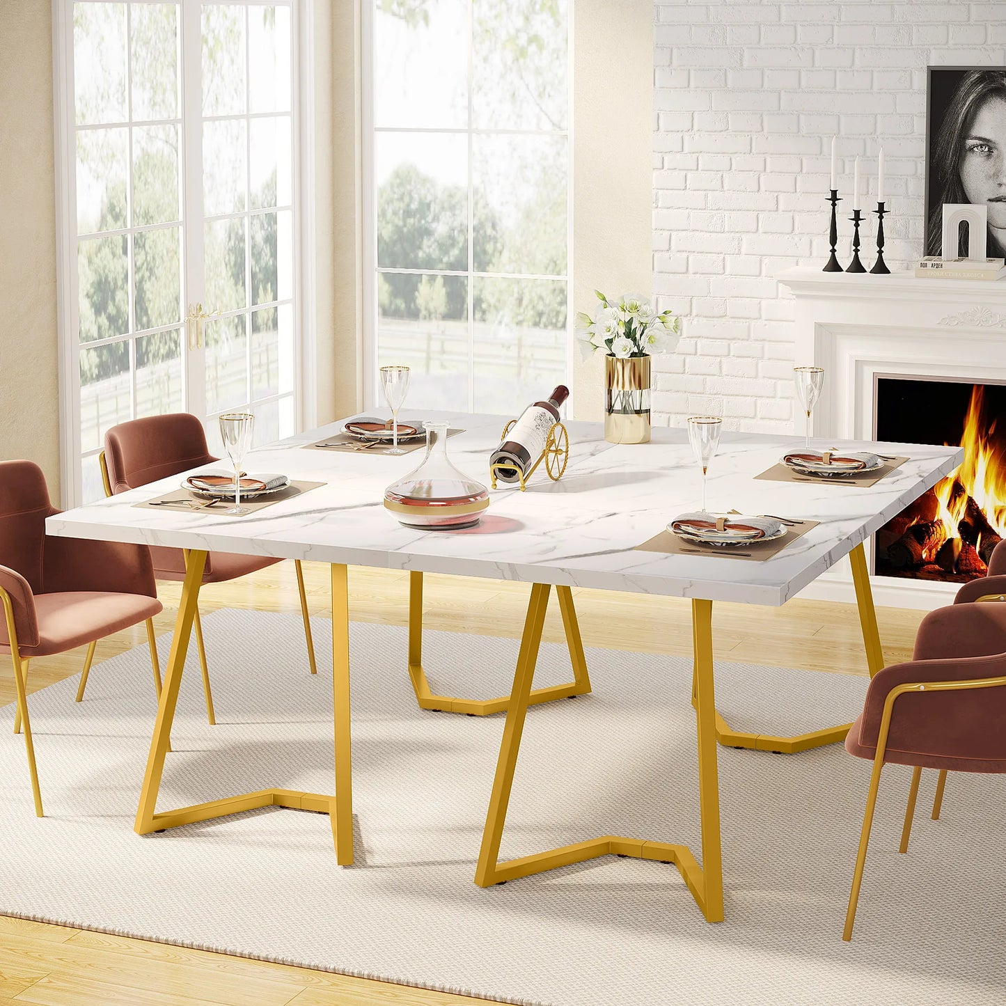 Tribesigns 63-Inch Rectangular Dining Table for 4 to 6, Modern Kitchen Table with Faux Marble Table Top, White Dinner Tables