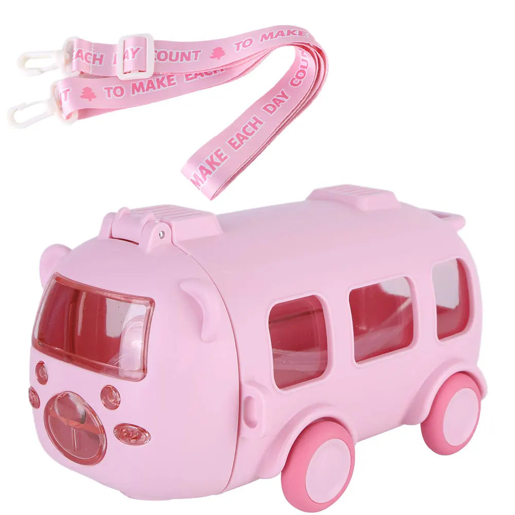 500ML Bus Shape Cartoon Water Cup with Movable Wheels & Strap Plastic Drinking Bottle Leakproof for Home Travel School
