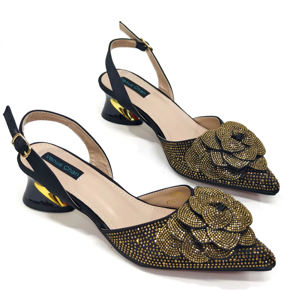 Women's Pointed-Toe Large Flower Decoration Rhinestone Low Heel Italian Shoes and Bags Set
