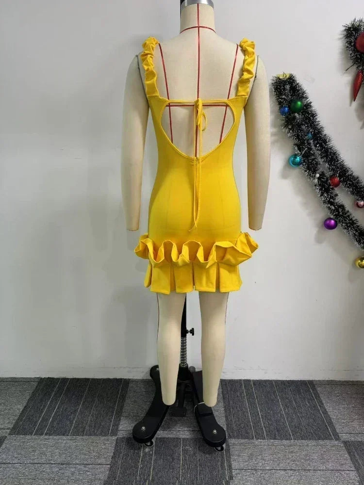 Elegant Tight Corset Ruffle Mini Dress for Women's Fashion New Style Suspender Sleeveless Backless A-line Club Party Sexy Dress