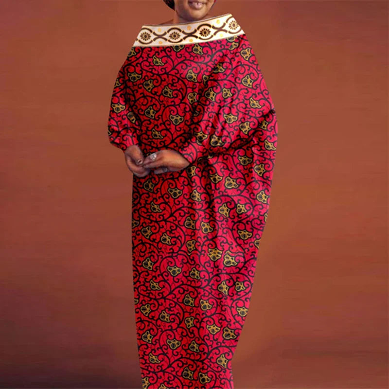 Women's Bohemian Printing Maxi Dress Long Bat-wing Sleeve Elegant Casual Round Neck