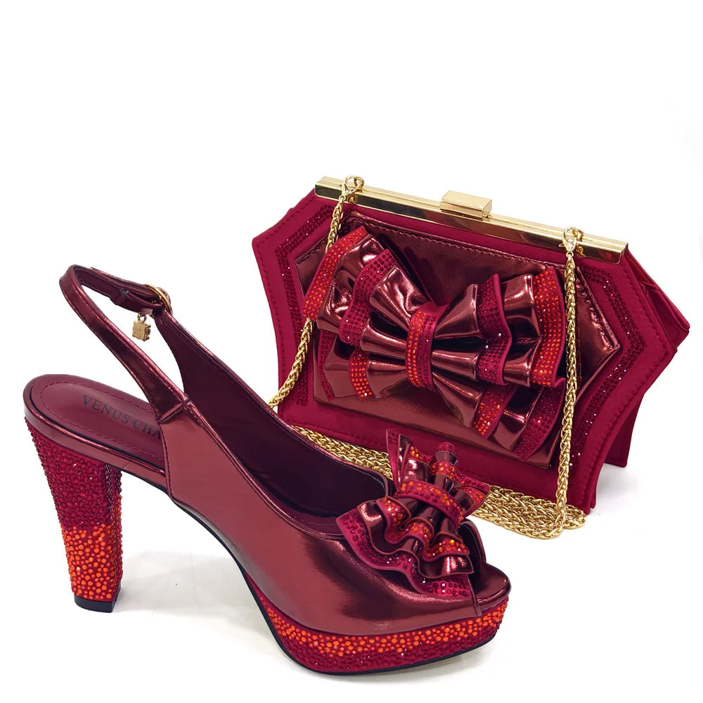 Venus Chan Open Toe Women Heels for 2024 Elegant Party Green Color Diamond Pumps Italian Shoes and Bags Matching Set