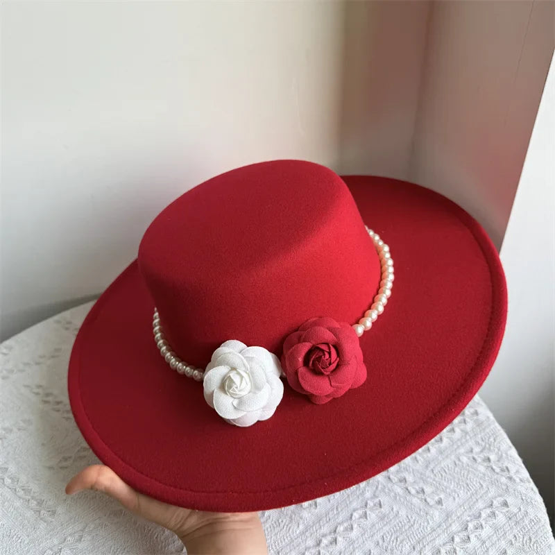 Women's Fashionable Fedora Hat 10CM Wide Brim Flat Top Felt Hats For Wedding And Jazz